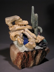 Sonoran Desert Alabaster sculpture with lapis, chrysocholla, amethyst, and rare green and red alabasters.