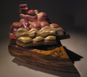 Carved Painted Desert Sculpture Vessel in Alabaster Stone