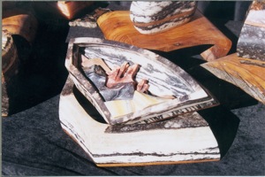 Sculpture of the geologic history of Arizona carved in Alabaster, gemstone, wood, and fossil